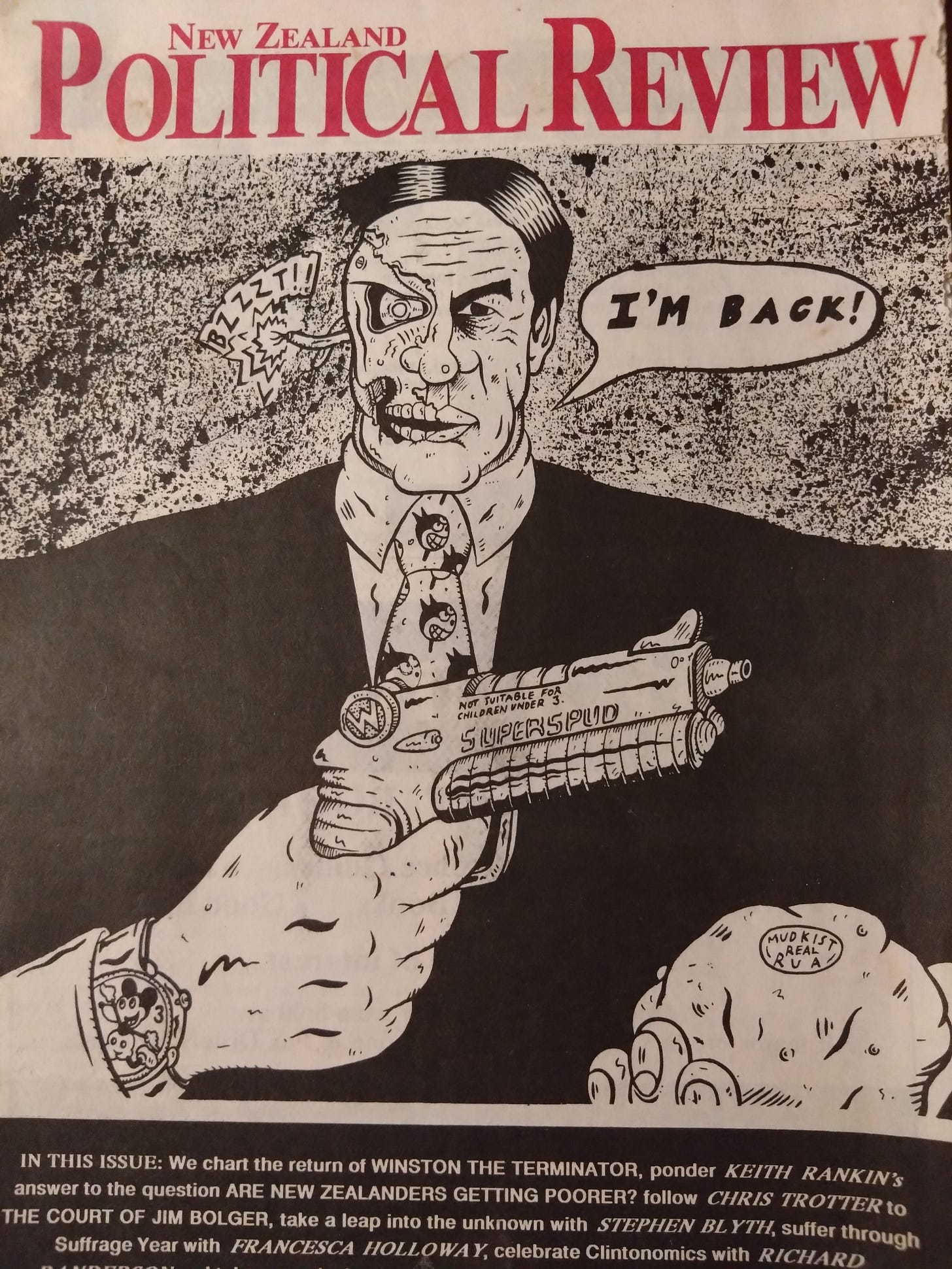 NZ Political Review cover, May/ June 1993 edition, with a scary cartoon picture of Winston Peter's saying "I'm back!"of 