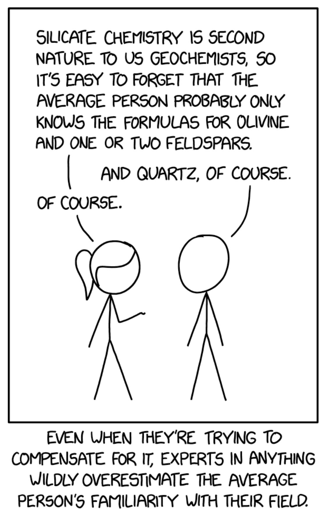 Two stick figures talking. One says, “Silicate chemistry is second nature to us geochemists, so it’s easy to forget that the average person probably only knows the formulas for olivine and one or two feldspars.” The other replies, “And quartz, of course.” The first says, “Of course.” Text at the bottom of the cartoon reads: Even when they’re trying to compensate for it. experts in anything wildly overestimate the average person’s familiarity with their field.