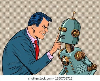 A man against a robot. Rage aggression strong emotions, hatred. Pop art retro illustration kitsch vintage 50s 60s style