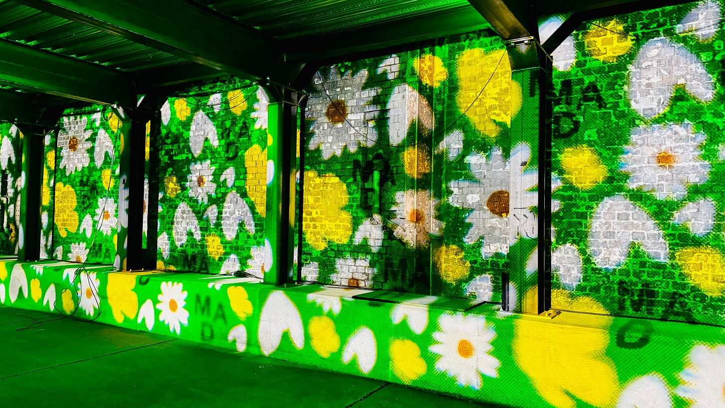 Picture of a brick wall and steel pillars on which is projected an image of white and yellow flowers against a bright green background.