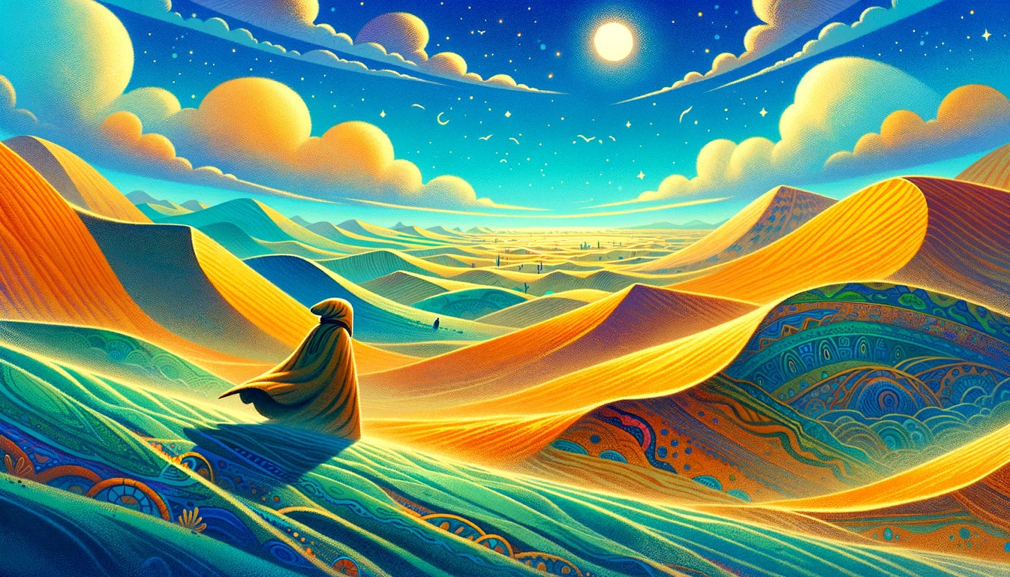 An image of a cloaked figure moving through an arid desert towards a distant oasis, in a widescreen aspect ratio, depicted in a colorful, whimsical style