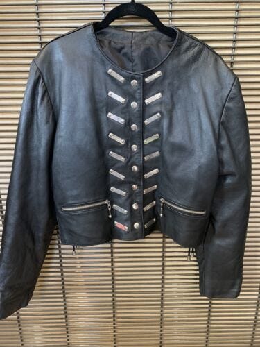 Vintage Women’s Black Leather Jacket Military Moto Marching Band Embellished - Picture 1 of 9