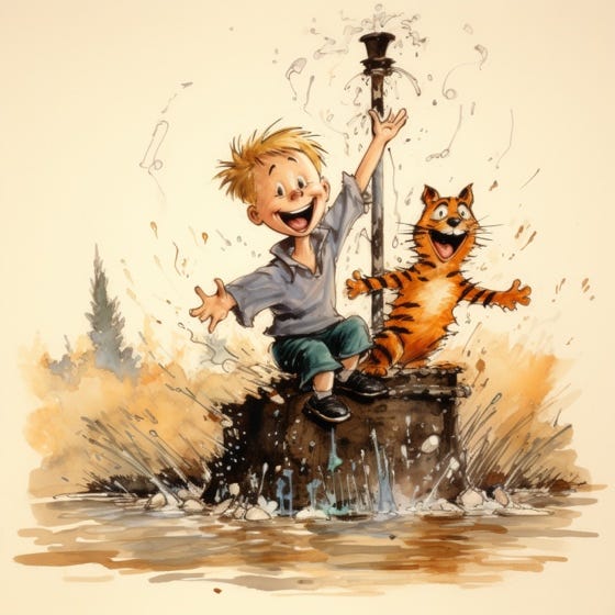 A cartoon of a child and a cat

Description automatically generated