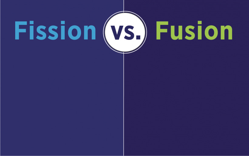 Fission vs Fusion with multi-colored background.