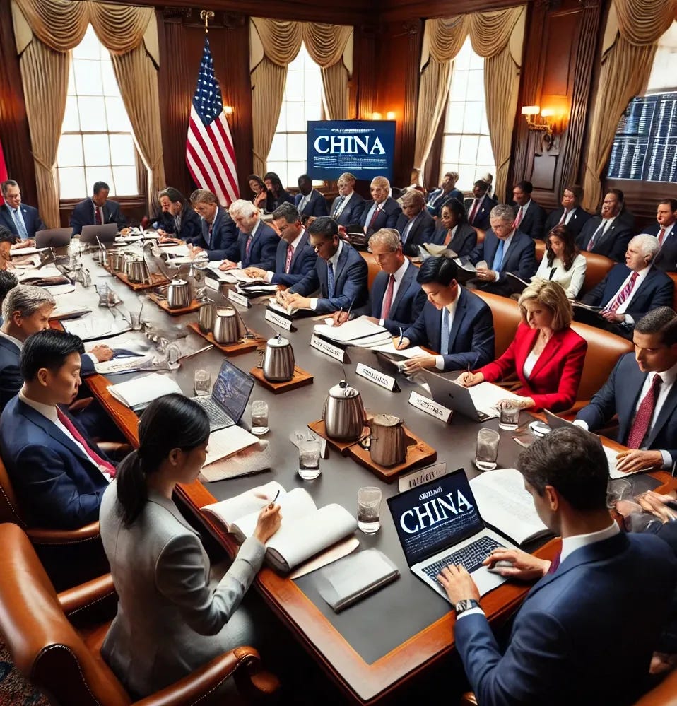 A group of diverse US politicians seated around a large table in a formal office setting, focused on writing a report about China. The room features wood-paneled walls, large windows with natural light, and American flags behind them. The politicians are of various ethnicities and genders, dressed in business attire, working on laptops, writing notes, and reviewing documents about China. Maps, charts, and graphs related to China are spread across the table and displayed on a screen in the background. The atmosphere is serious and collaborative.