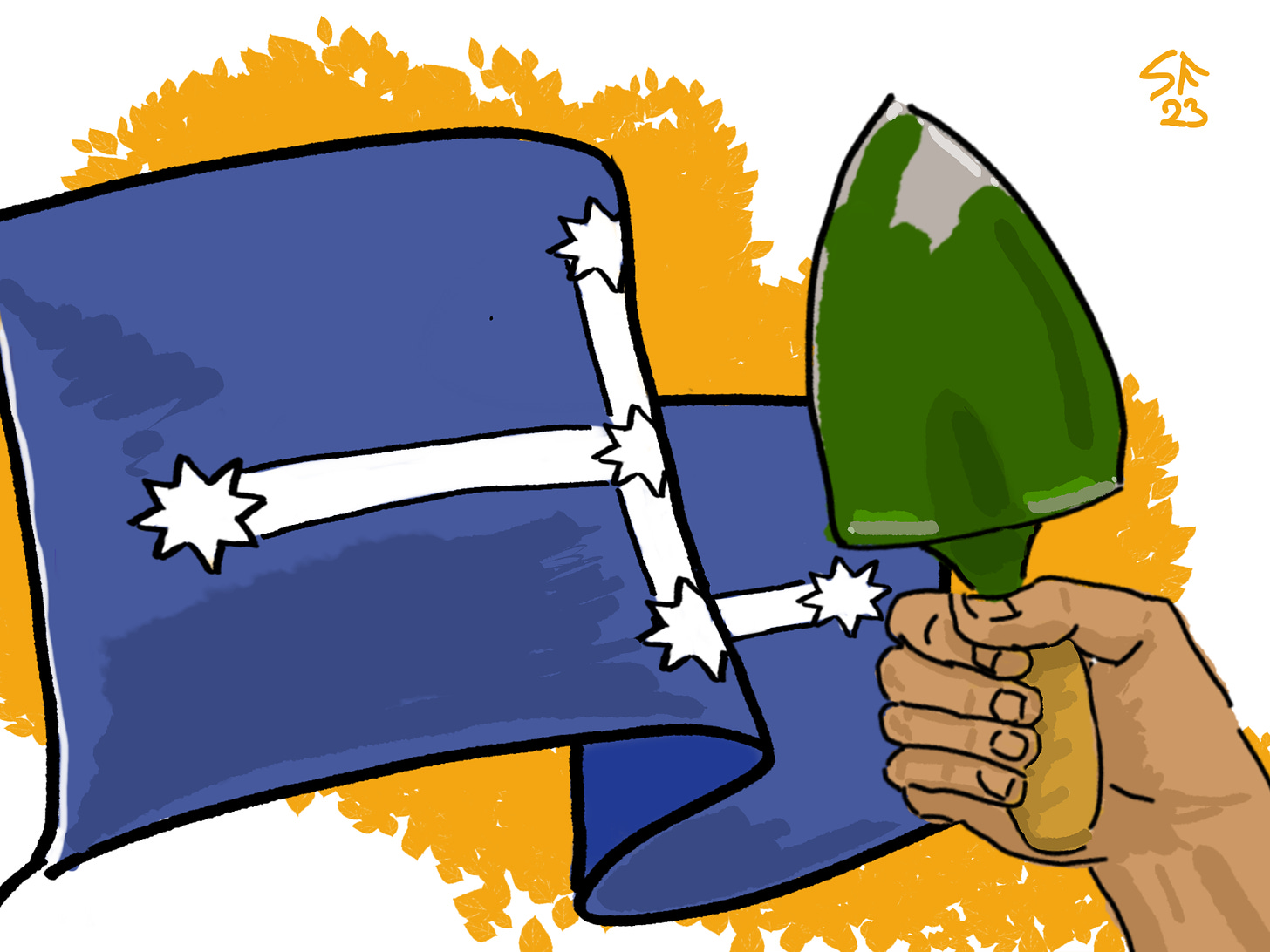 Cartoon: raised fist brandishing a trowel, in front of Eureka Flag.