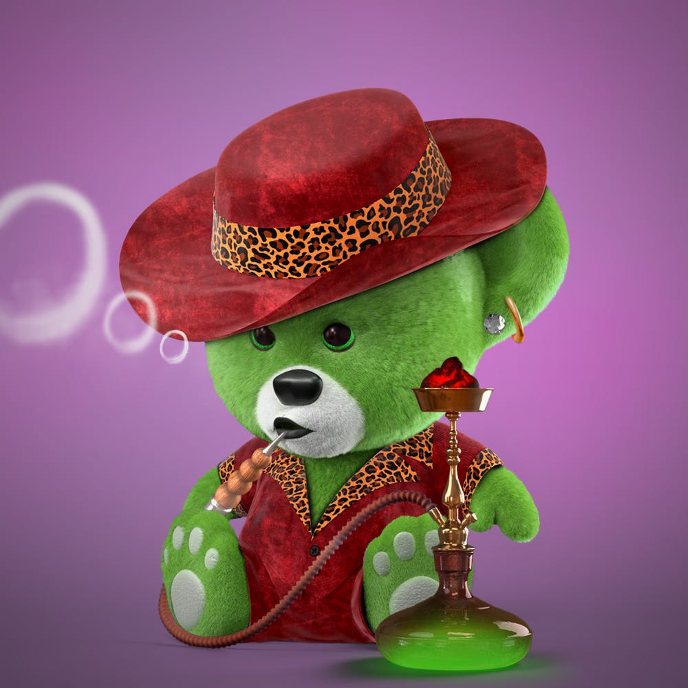 A 3D rendered green-furred teddy bear, sitting. It's wearing a red velour suit with a leopard print collar and fedora style hat, and is blowing smoke rings from a hookah