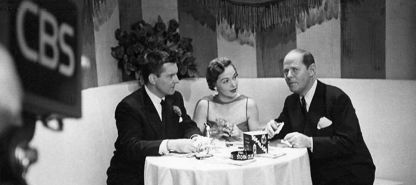 In 1950, CBS began a live program from the building with husband and wife Hayes and Healy and Billingsley as regulars. Hayes and Healy served as a type of "anchor" team while Billingsley hopped tables and chatted. The viewing public believed the show was being done live from the restaurant's private dining room, The Cub Room. However, it was not. CBS built a replica of the famed room on the sixth floor of the building to serve as the television studio the program was actually broadcast from. After 5 years, CBS dropped the show and ABC picked it up, using the CBS built studio. In May of that year, Billingsley made some remarks about fellow restaurateur’s honesty and financial solvency on a live broadcast. ABC ended the program after the remarks in 1955. Billingsley was never truly at ease on camera and it seems to show in this promotional photo.