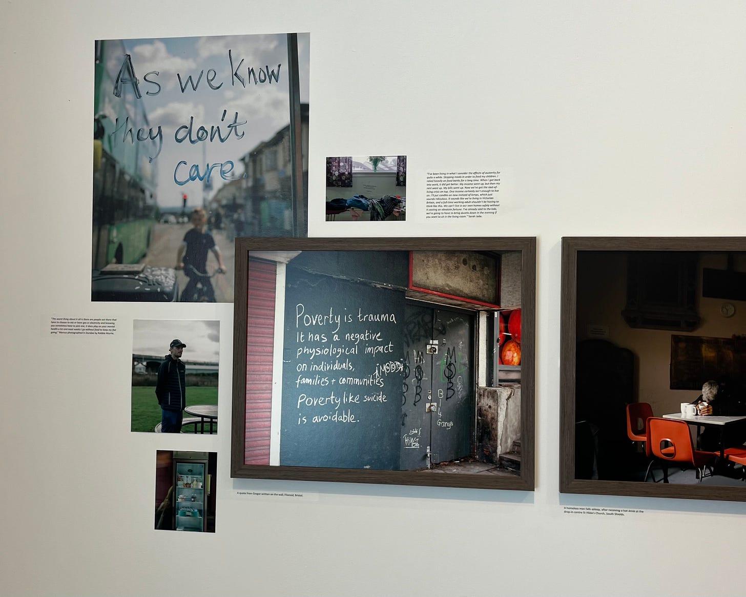 The Magic Money Tree exhibition. A photo says, 'Poverty is trauma. It has a negative psychological impact on individuals, families and communities. Poverty like suicide is avoidable.'