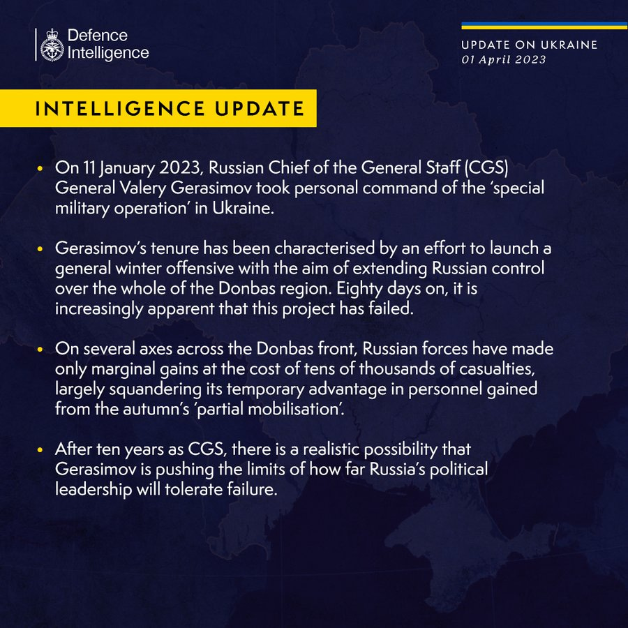 Latest Defence Intelligence update on the situation in Ukraine - 01 April 2023.