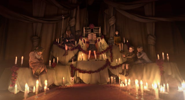 A screenshot from the first meeting of the Red Crayon Aristocrat Club. They appear on a tiered series of stacked tables and chairs, adorned with roses and covered in candles. Two chairs on the topmost level sit empty.