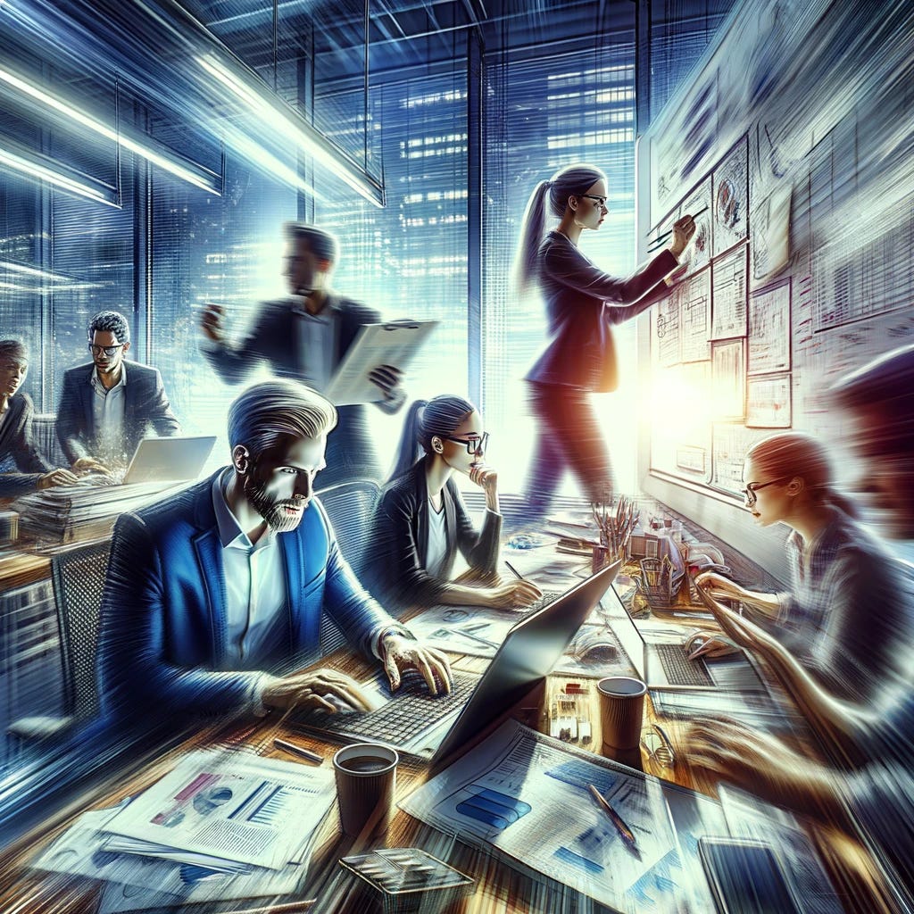 A digital painting of a dynamic team working together in a high-energy office environment, moving quickly and efficiently to meet a tight deadline. The team members are shown in various states of action - one is rapidly typing at a computer, another is swiftly drawing up plans on a whiteboard, while a third is engaging in a lively discussion over a stack of documents. The motion and urgency in their actions are emphasized by blurred lines and dynamic poses, conveying a sense of speed and collaboration. The office is cluttered with open laptops, scattered papers, and cups of coffee, all signs of a productive frenzy. The lighting is bright, highlighting the faces of the team members, who display focus and determination. Drawn with: digital, focusing on motion blur, expressive body language, and the vibrant atmosphere of teamwork under pressure.