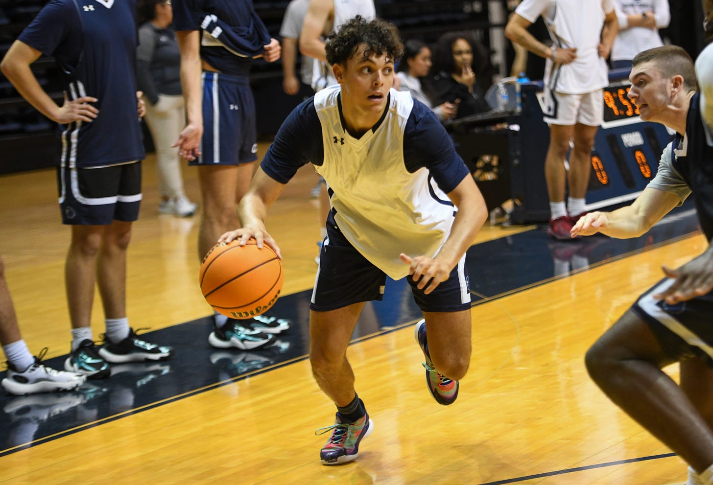 Xander Rice, the son of Monmouth coach King Rice, practices with the Hawks during the 2023-24 preseason. (Photo courtesy of Monmouth Athletics)