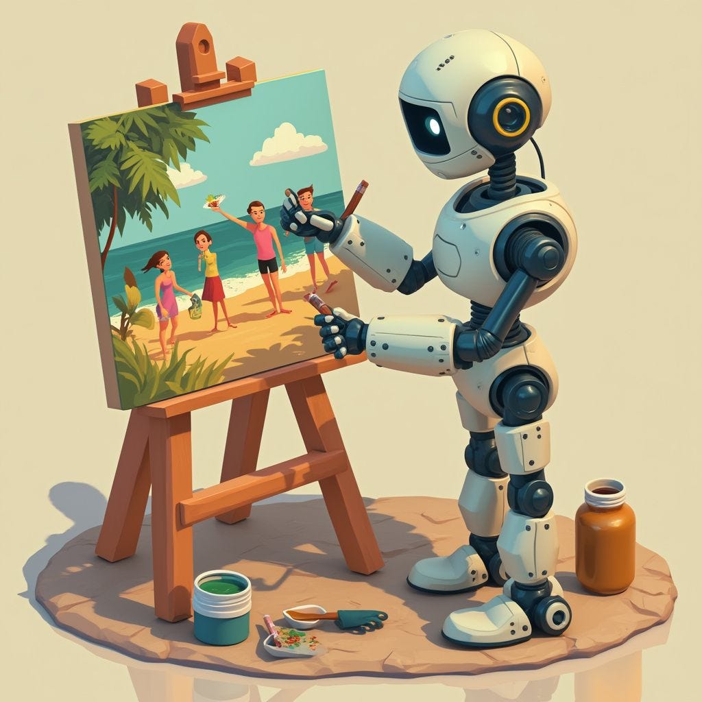 A robot is shown painting a scene with humans having fun on a canvas with oil colours