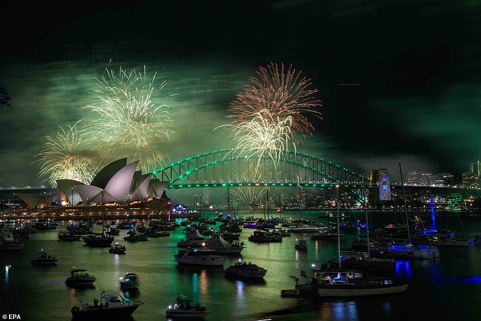 SYDNEY: An array of green fireworks illuminate the sky above the Sydney Opera House and the Sydney Harbour Bridge