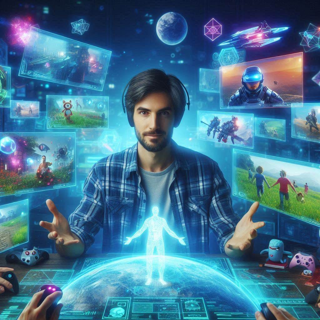 a game developer surrounded by holographic screens