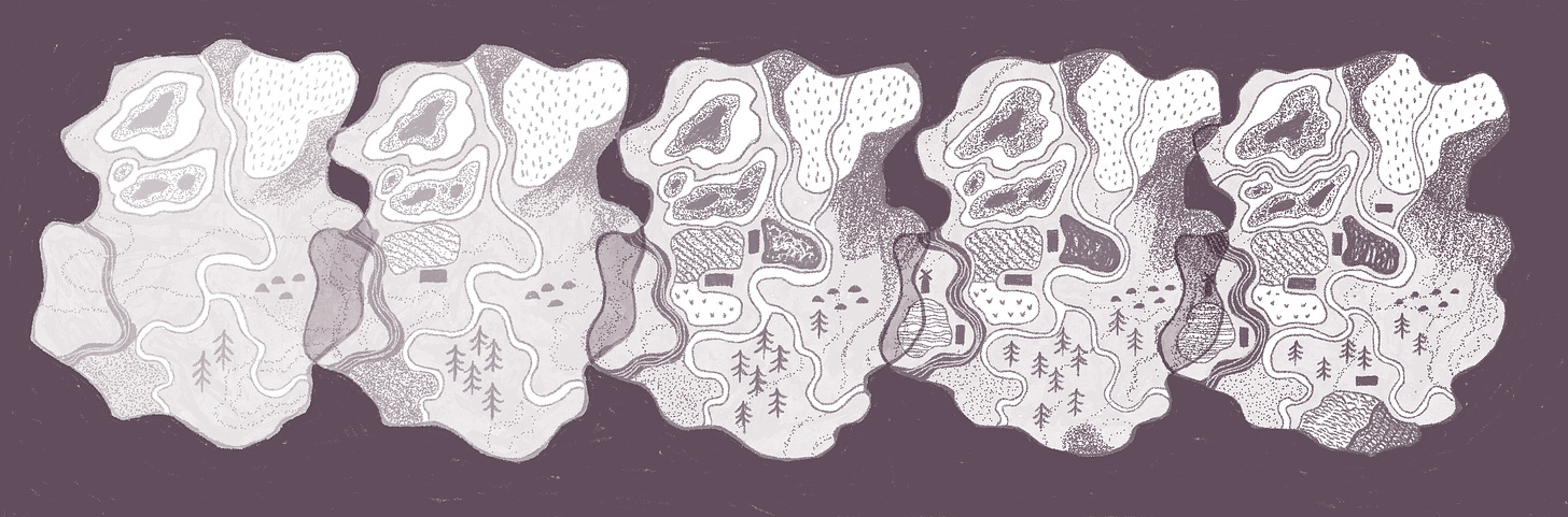 Illustration. Five versions of the same map overlap each other, spread from left to right. They become more detailed with markings with each iteration.