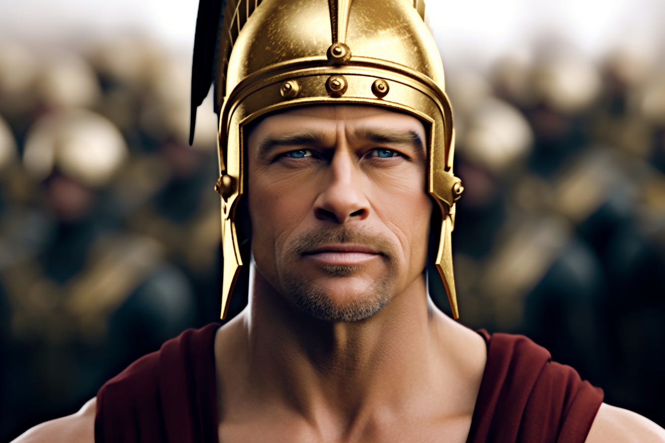 Brad Pitt as a Greek warrior wearing a helmet