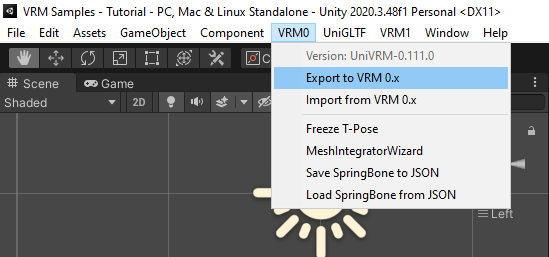 Going to the ‘VRM0’ options, selecting ‘Export to VRM0.x’ to export the sample model in this format.