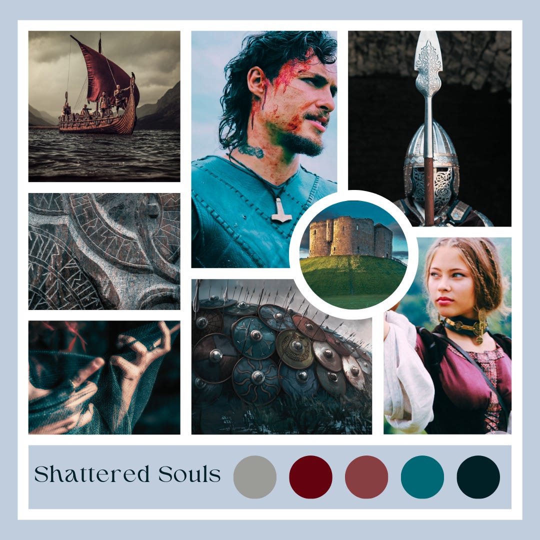 Collage of images: a Viking warship, runes crafted on iron, two hands holding wispy dark fabric, a dark haired man in medieval dress with blood on his face, a helmeted soldier holding a spear, an early medieval shield wall, a standing castle keep, a brown-haired woman in medieval dress | Beneath, a color palette labeled Shattered Souls, showing circles of stone gray, deep maroon, dark dusky pink, teal, and darker teal