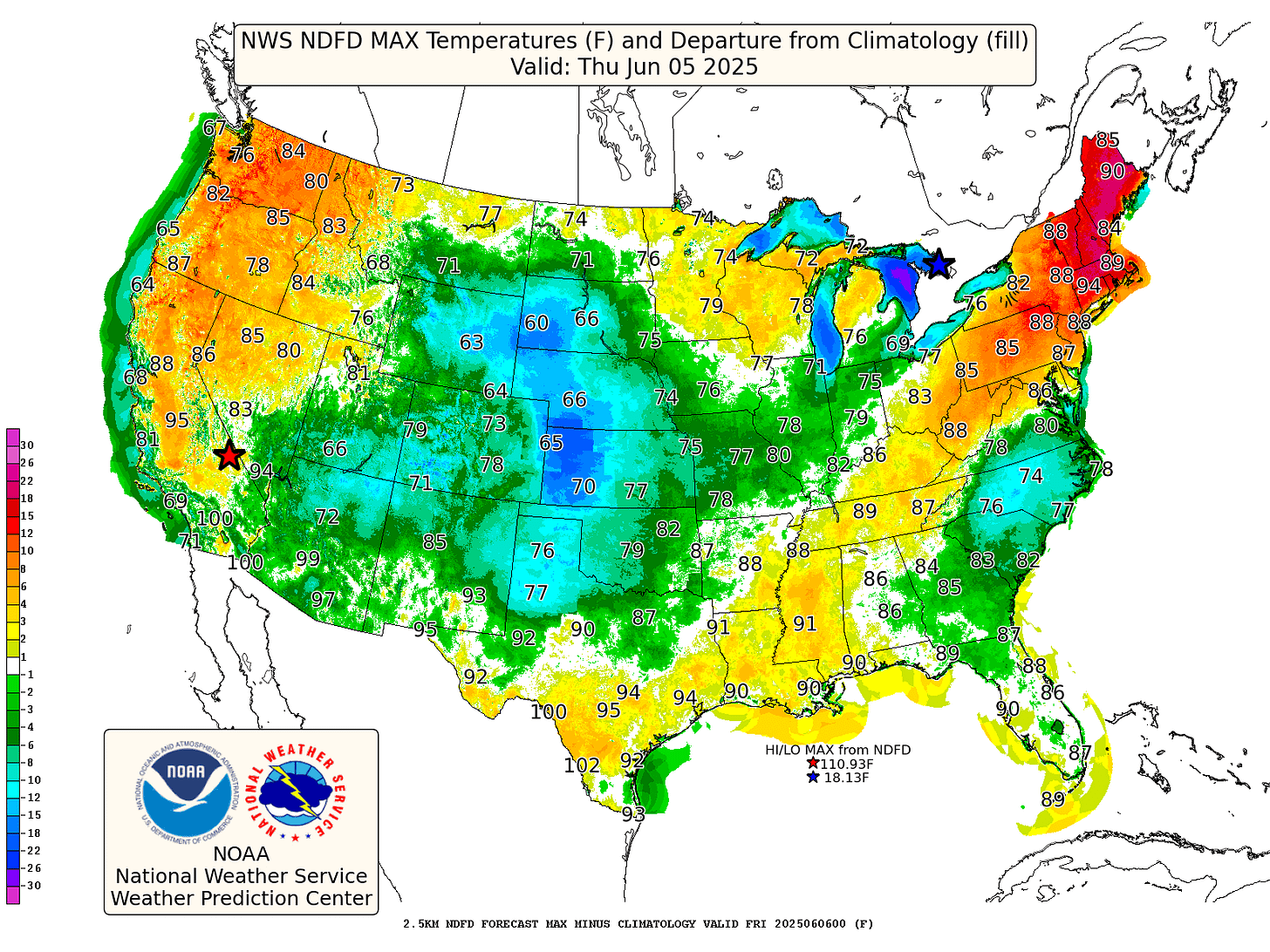 Animation of high temperatures compared to average through Tuesday.