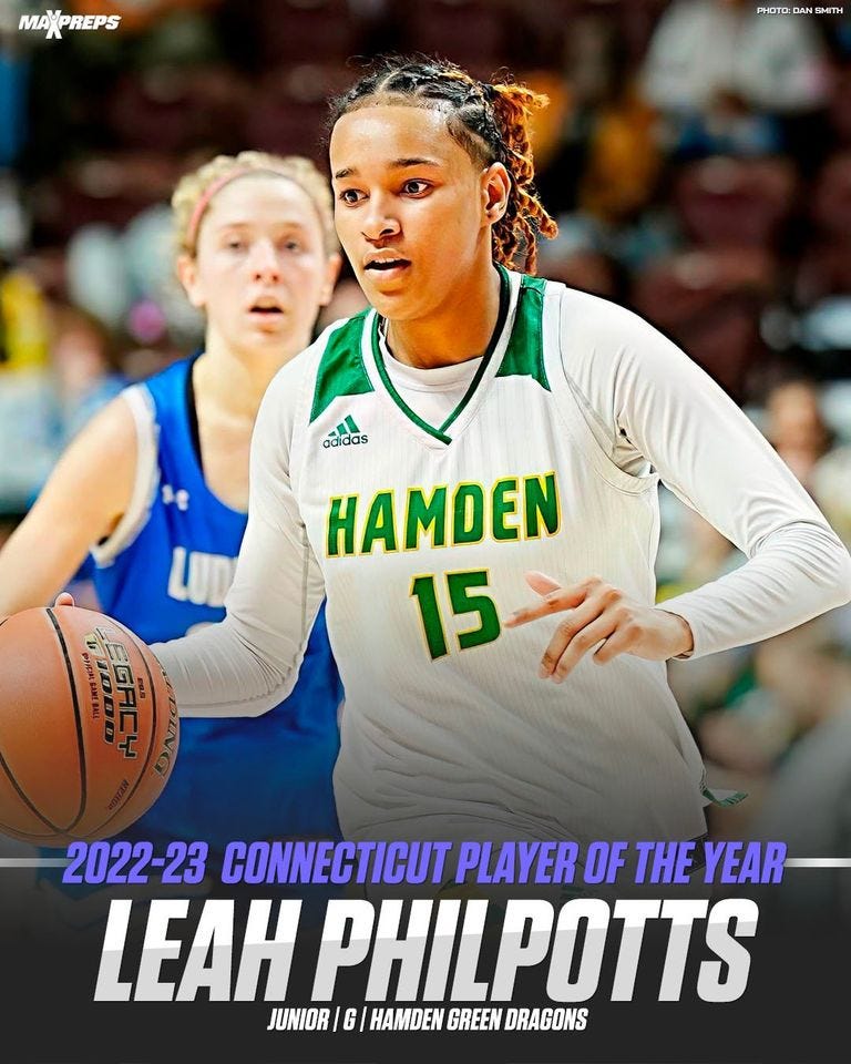 May be an image of 1 person, playing a sport and text that says 'MAXPREPS PHOTO SMITH I adidas HAMDEN 151 15 2022-23 CONNECTICUT PLAYER OF THE YEAR LEAH PHILPOTTS JUNIOR G HAMDEN GREEN DRAGONS'