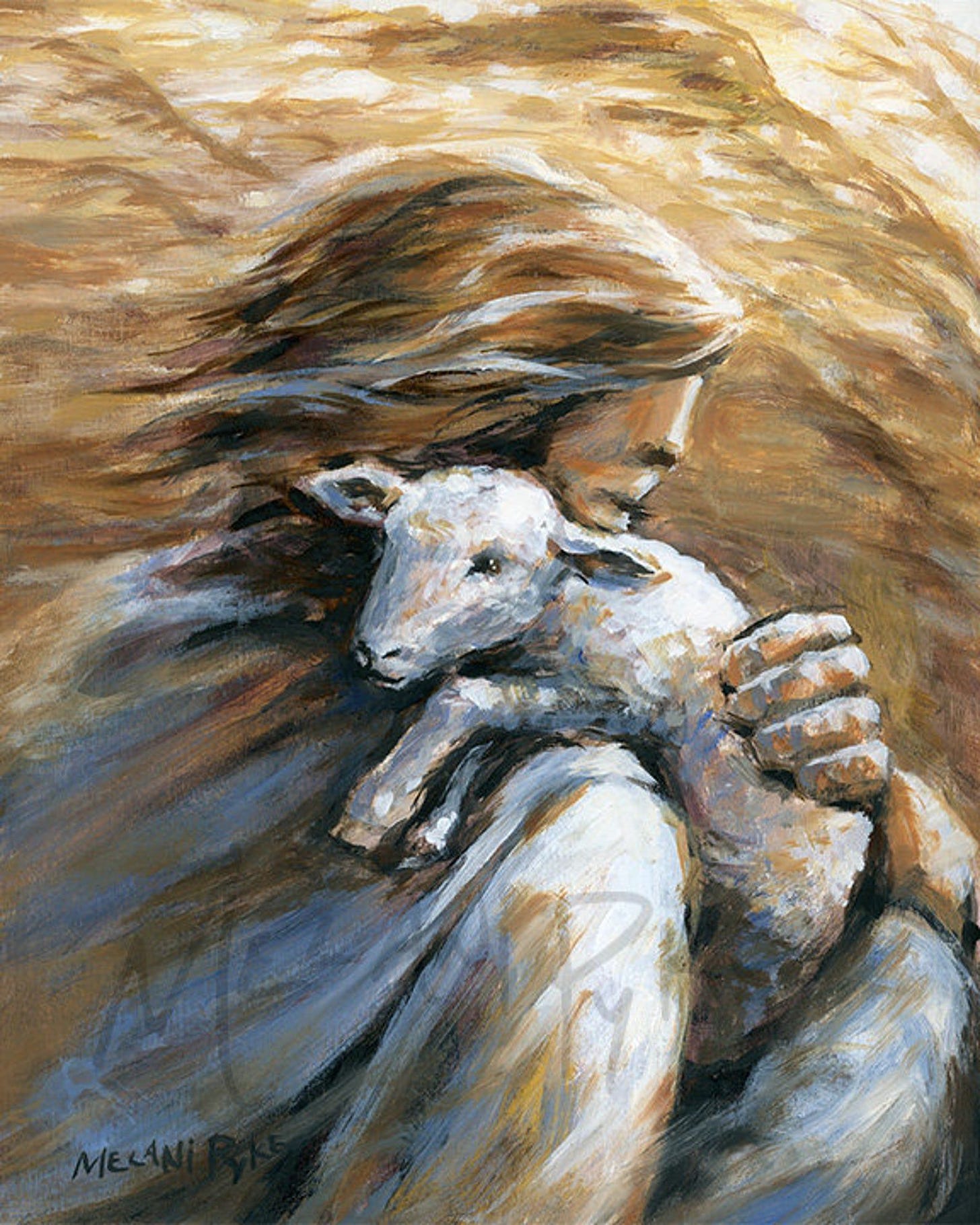 Jesus as Shepherd Holding Lamb Over Shoulder Art Print, Christian ...