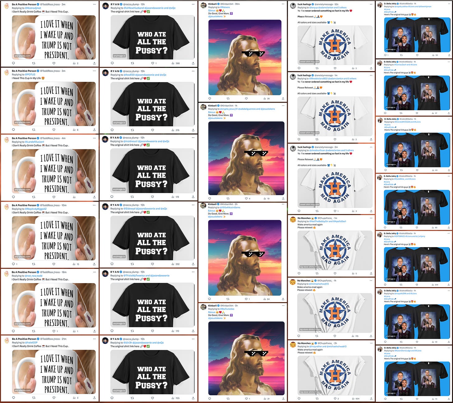 collage of repetitive replies from blue check accounts hawking coffee mugs, t-shirts, and cryptocurrency