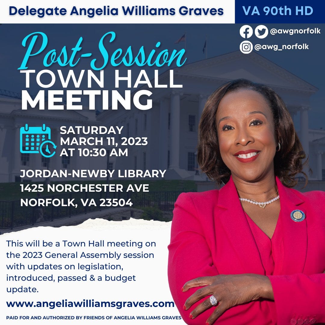 Angelia Williams Graves town hall meeting event with photo of her in red