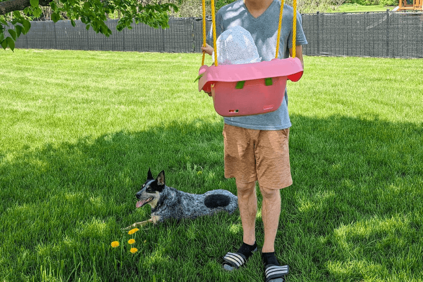 Scout the blue heeler lies in the grass beneath a baby in a pink swing