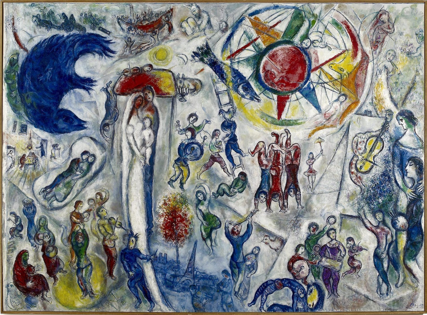 the painting, 'La Vie', by Marc Chagall. the painting is characteristic of Chagall's impressionistic and dreamlike style. in the centre-left, a couple, one in a wedding gown, hold a child. in the top centre-right, there is a red sun-like orb, surrounded by geometric shapes, lines, and a fish. various figures fill the canvas, seemingly circus performers, other couples, musicians, as well as images from the Hebrew Bible, such as Moses with the tablets of the law, the burning bush, and others. the background is white, and the figures are in a great variety of different colours - blues, reds, greens, and yellows.