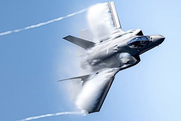 Air Force Maj. Kristin 'BEO' Wolfe flies an F-35A Lightning II while performing a dedication pass during an air show over Kleine Brogel Air Base, Belgium, Sept. 8, 2023. (U.S. Air Force photo by Staff Sgt. Thomas Barley)