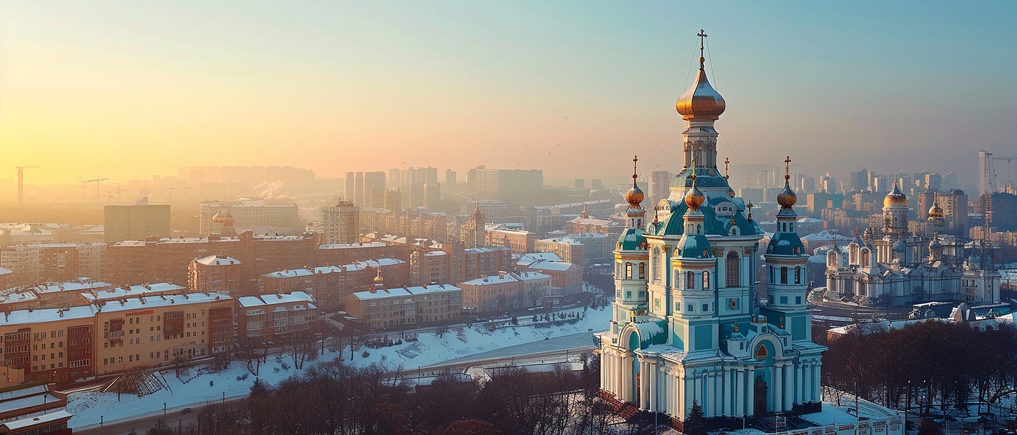 A cityscape of Kyiv at sunset with a prominent church featuring golden domes in the foreground, surrounded by a mix of modern and historical buildings, all dusted with snow.