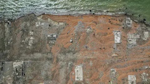 Getty Images This aerial photo shows the old sunken town of Pantabangan in Nueva Ecija province on April 26, 2024. Remnants of the centuries-old town of Pantabangan reemerged in the northern Philippines after a dam's water level dropped amid a drought that plagues many parts of the country.