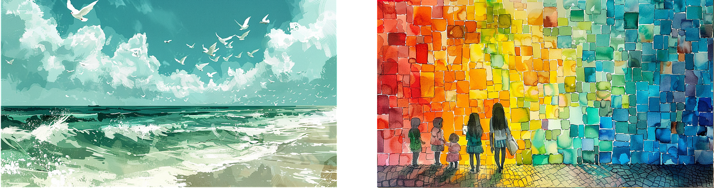 Left: Seagulls flying over a turquoise ocean with waves crashing onto the shore under a cloudy sky. Right: Silhouettes of four people, including a child, standing before a colorful mosaic wall made of various shades of orange, yellow, green, and blue tiles.