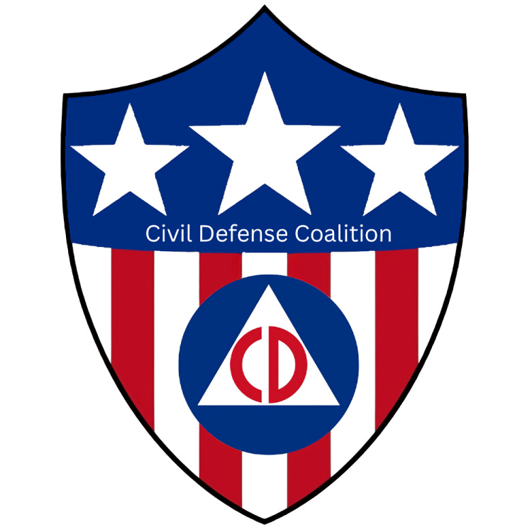 A shield emblem for the Civil Defense Coalition (CDC), featuring three white stars above red and white stripes. The letters "CD" are centered within a blue circle and triangle, symbolizing the coalition's mission to protect America.