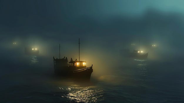 Foggy night at the fishing boats Mysterious atmosphere with dark water  surface and glowing boat lights | Premium AI-generated image