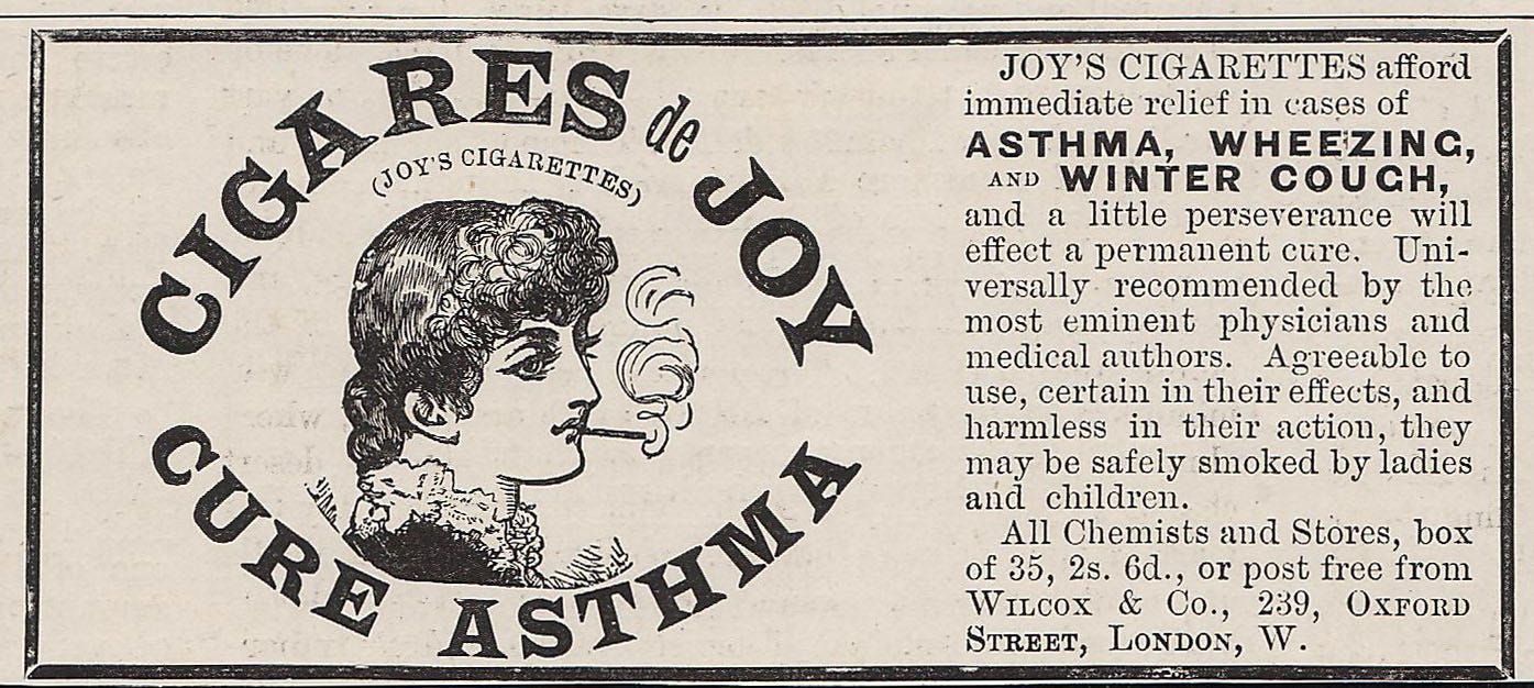A late 19th-century advertisement for 'Cigares de Joy', which are said to cure asthma. The image includes a drawing of a lady with a cigarette in her mouth; wisps of smoke rise from the end.