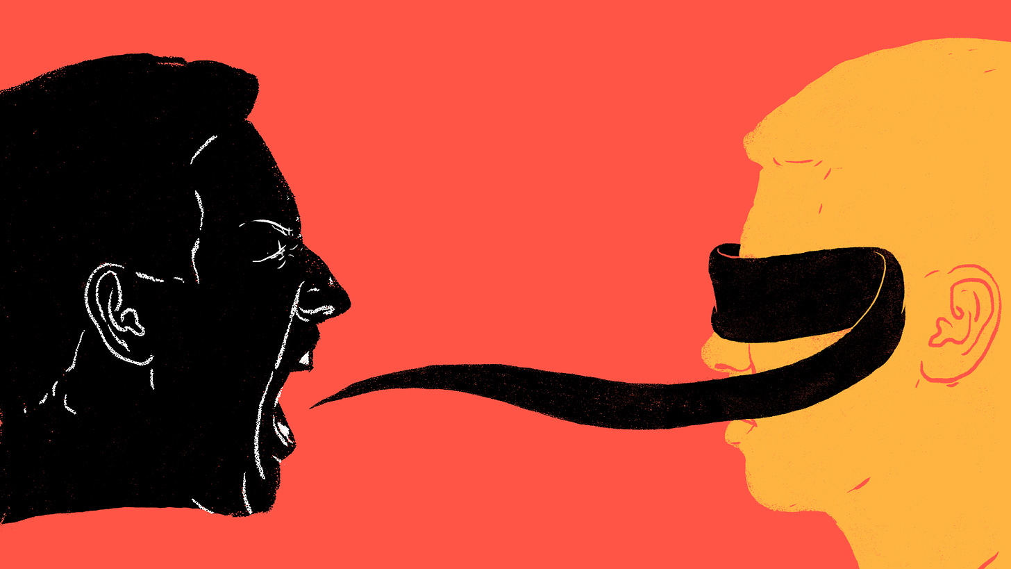 Brightly colored graphic illustration of two faces in profile, one shouting at the other. A black ribbon comes out of the shouter's mouth, wrapping itself over the eyes of the other.