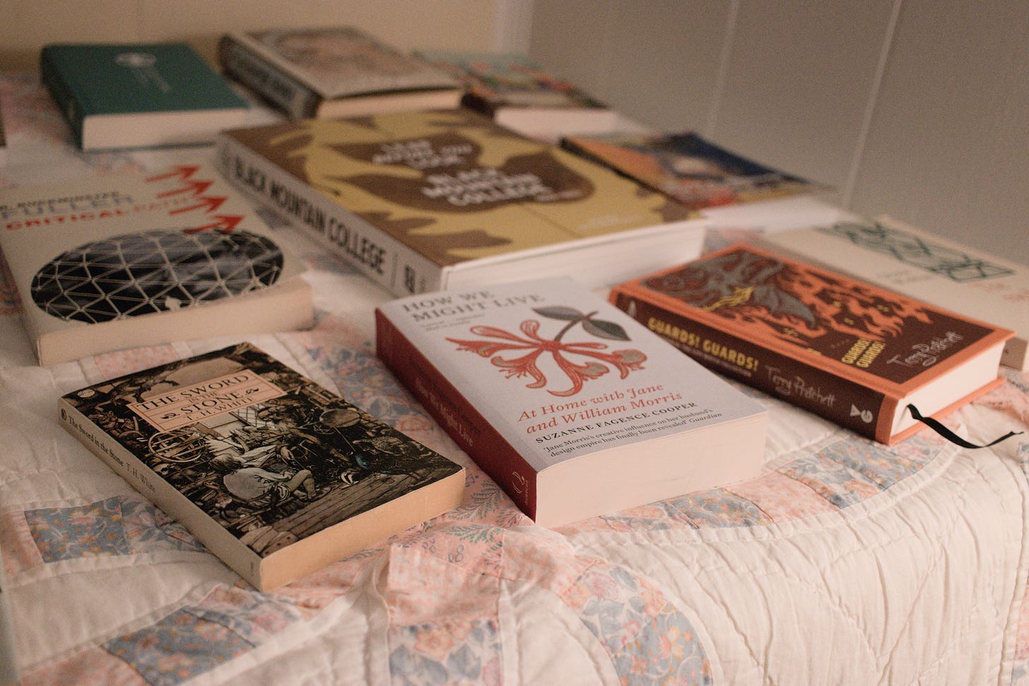 Books on a quilted spread including Sword in the Stone, Guards Guards, and Buckminster Fuller's Critical Path. Others are blurred. They are covering the bed.