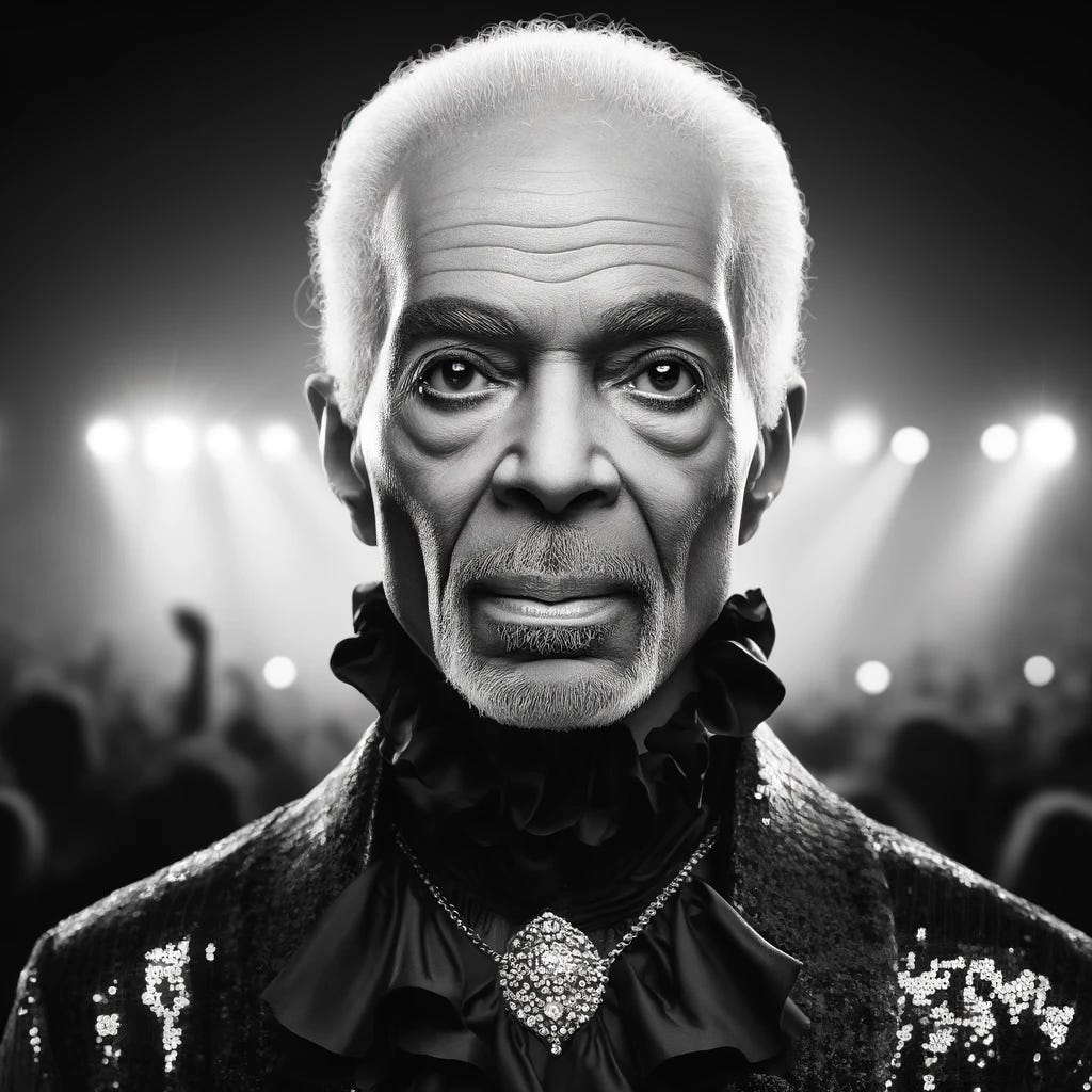 An elderly African American man with distinct features that strongly resemble the artist known as Prince. He should have a slim face with high cheekbones, expressive eyes with a touch of makeup reminiscent of Prince's style, and a small, carefully groomed mustache and goatee. His hair should be thinning, with a receding hairline, yet still have a hint of the style that Prince was known for. The man's attire should be an elaborate, sequined jacket with a ruffled shirt, both elegant and flamboyant, reflecting Prince's iconic fashion sense. The background is a mix of concert stage lighting and an adoring crowd, all in a tasteful monochrome to highlight the timeless nature of the subject.