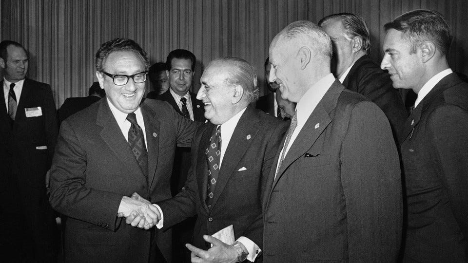 U.S. Secretary of State Henry Kissinger greets Argentina's Foreign Minister, Alberto J. Vignes, as Ismael Huerta Diaz, right, foreign ministers of Chile, looks on during break in Latin Foreign Ministers Conference in Mexico City, Feb. 22, 1974. U.S. Secretary of State Henry Kissinger greets Argentina's Foreign Minister, Alberto J. Vignes, as Ismael Huerta Diaz, right, foreign ministers of Chile, looks on during break in Latin Foreign Ministers Conference in Mexico City, Feb. 22, 1974.