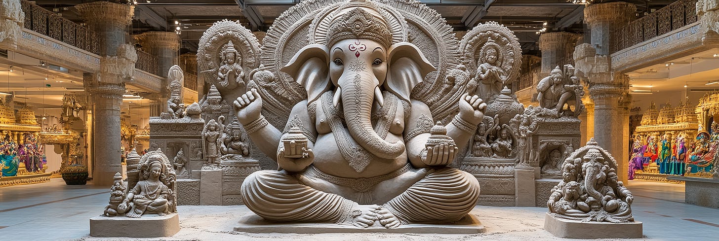 Large, intricately detailed statue of Ganesha seated in a grand, ornate indoor setting, surrounded by smaller sculptures of deities and intricate carvings. The statue features elaborate decorations, traditional iconography, and is set against a backdrop of pillars and displays, highlighting the grandeur of Hindu temple art.