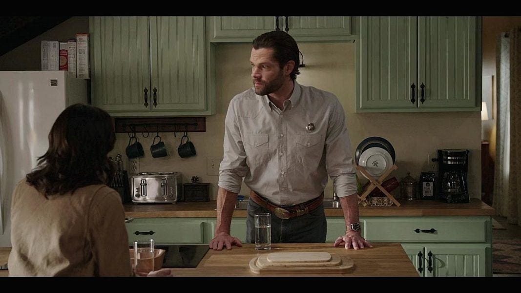 Jared padalecki in kitchen with Cassie on Walker 3.11 set.