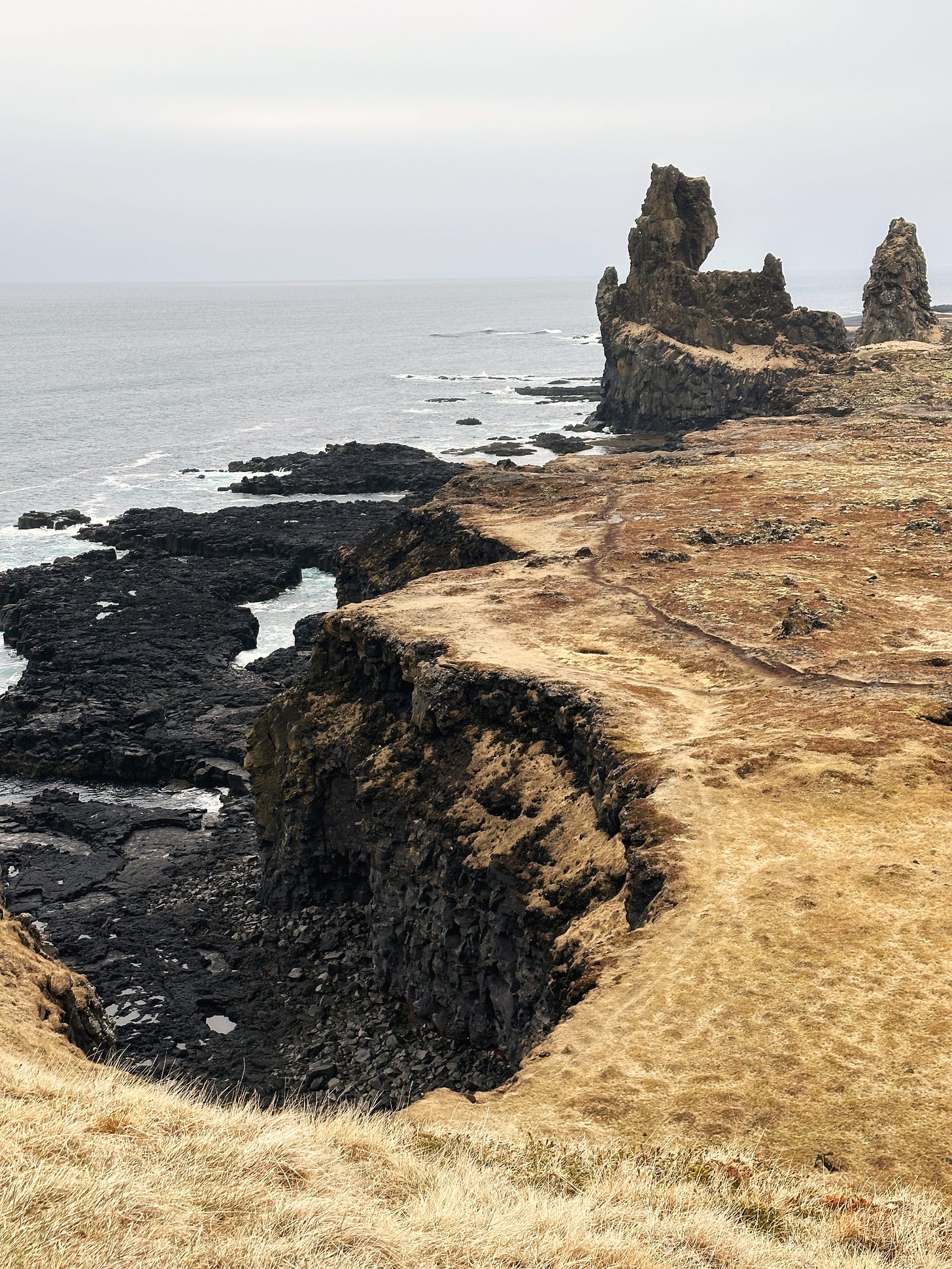 Lóndrangar Cliffs, black lava rock cliffs with weathered lava cones that have broken into the sea standing above the ground.  There is light golden brown moss and grass growing on top of the black rock with a light gray sea below  and lighter gray sky above.