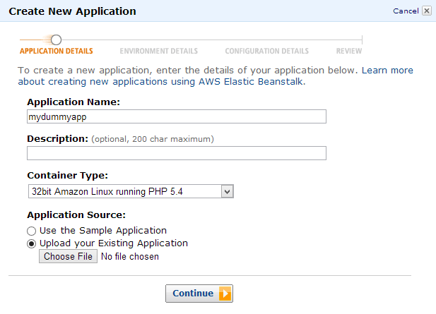 Amazon Elastic Beanstalk - Create new application