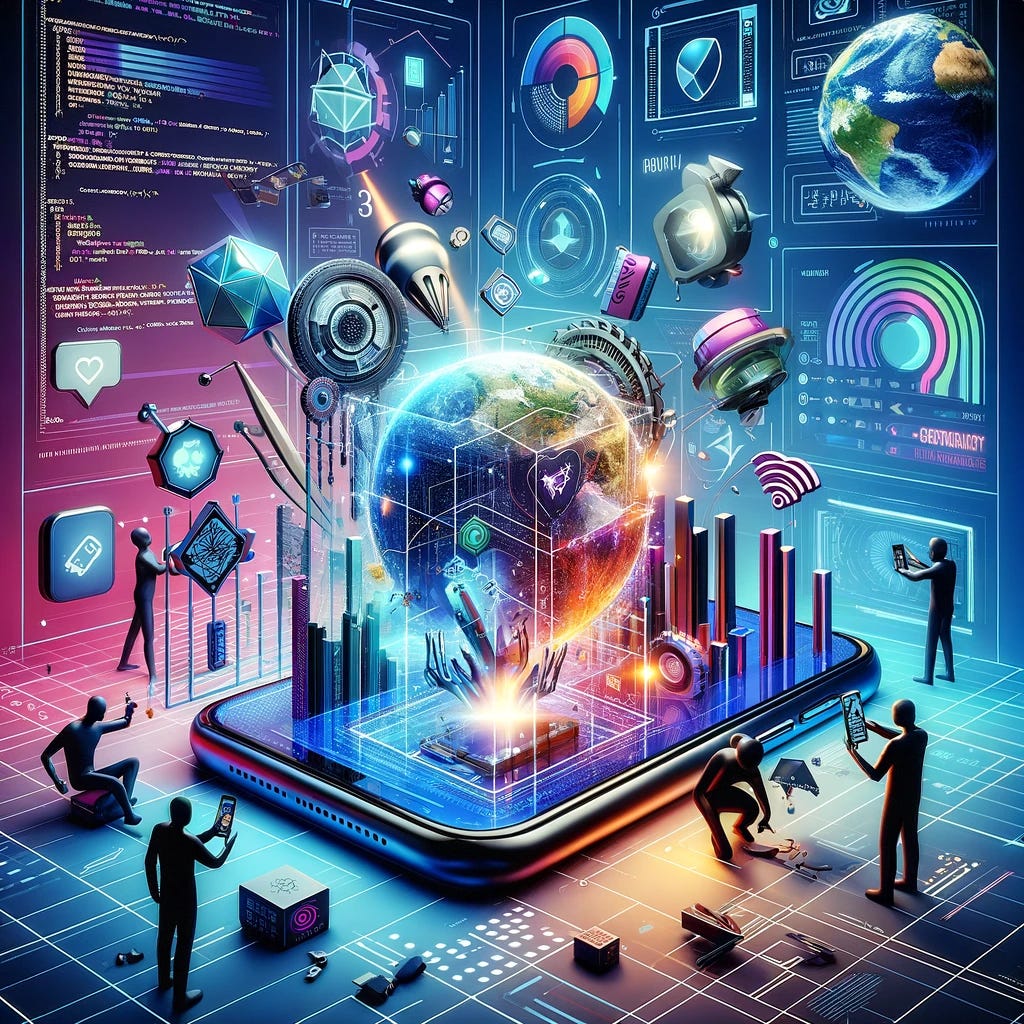 A dynamic and colorful image showcasing different smartphone strategies in an innovative and abstract manner. The scene unfolds in a high-tech environment, perhaps a futuristic laboratory or design studio, where various symbolic figures represent key smartphone strategies like user experience (UX) design, software optimization, hardware innovation, and market penetration. One figure is seen interacting with a holographic display of a smartphone, illustrating the focus on UX design with elements like touch gestures and user interface elements floating around it. Another figure is tweaking a virtual model of a smartphone, symbolizing software optimization with code snippets and performance graphs in the air. A third figure is assembling futuristic smartphone components, depicting hardware innovation with parts like advanced processors, cameras, and eco-friendly materials being highlighted. Lastly, a figure is analyzing a globe with network connections and smartphone icons spread across, representing market penetration strategies with emphasis on global connectivity and reach. The background is filled with digital screens showing analytics, user feedback, and market trends, all contributing to a narrative of strategic planning and technological advancement in the smartphone industry.