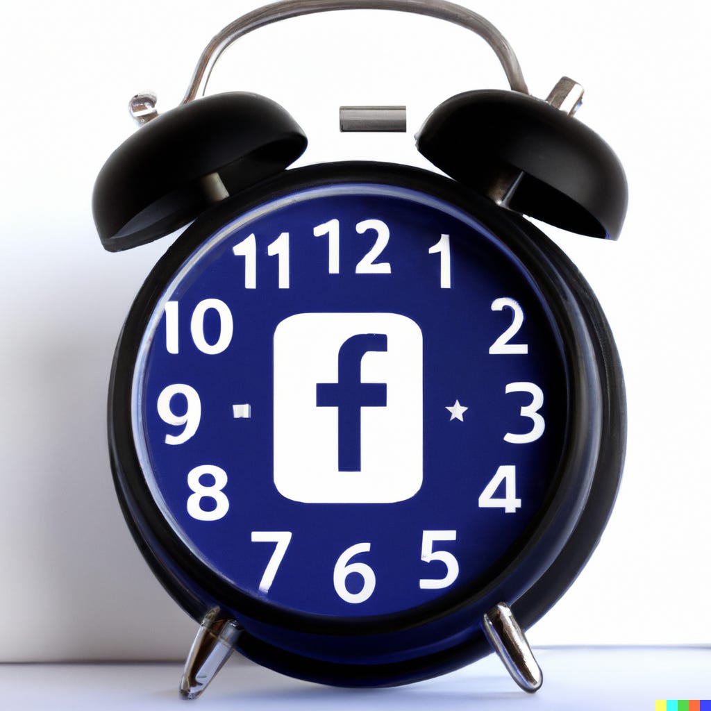 “an alarm clock showing the facebook logo” / DALL-E