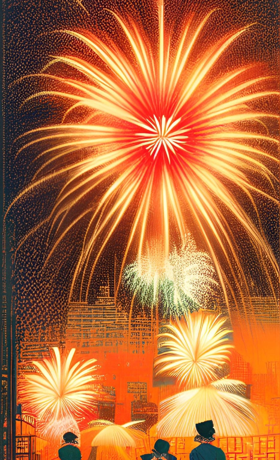 A.I. cartoon-style image of people watching fireworks