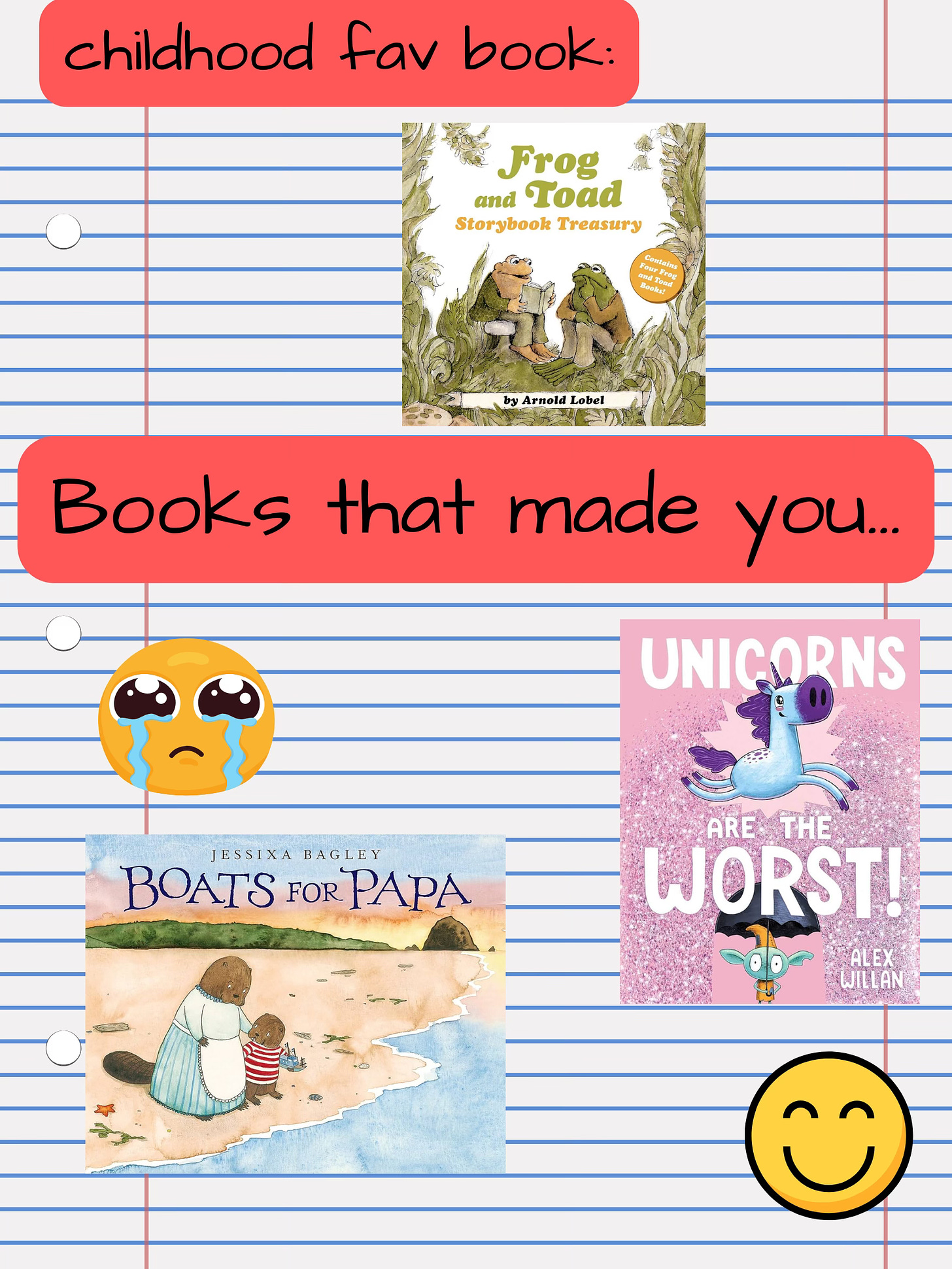 Abi's childhood favorite book is Frog and Toad; Boats for Papa made her cry; Unicorns are the Worst made her happy.